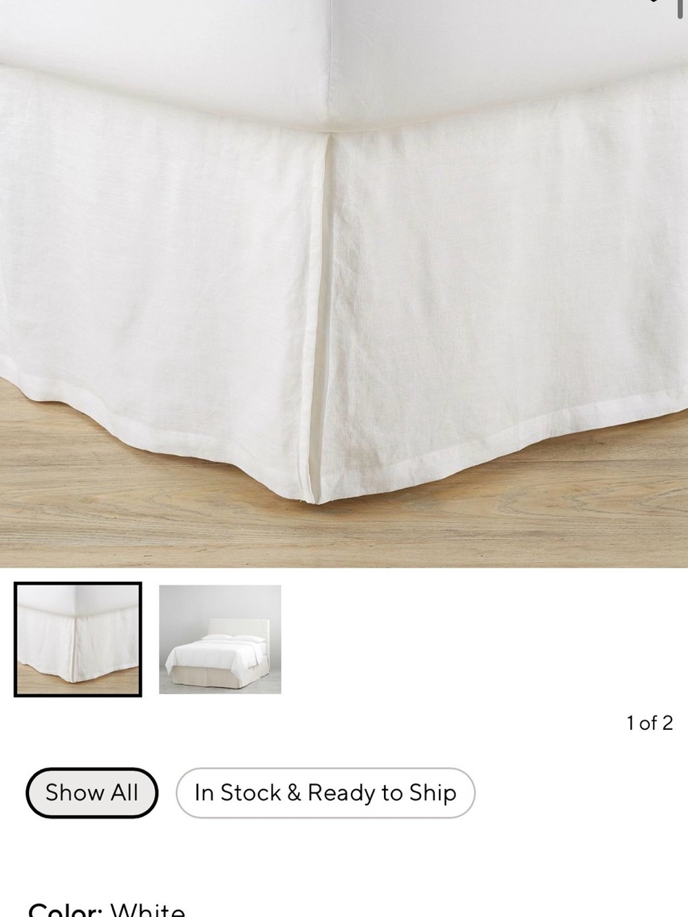 Pottery Barn White Belgian Linen Bed Skirt with Tailored Corner Pleat